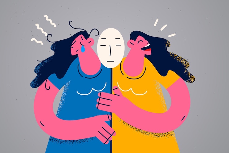 Vektör young woman have different emptions, crying and laughing suffer from mental psychological disease. girl have mood swings struggle with bipolar disorder. psychiatry concept. flat vector illustration.