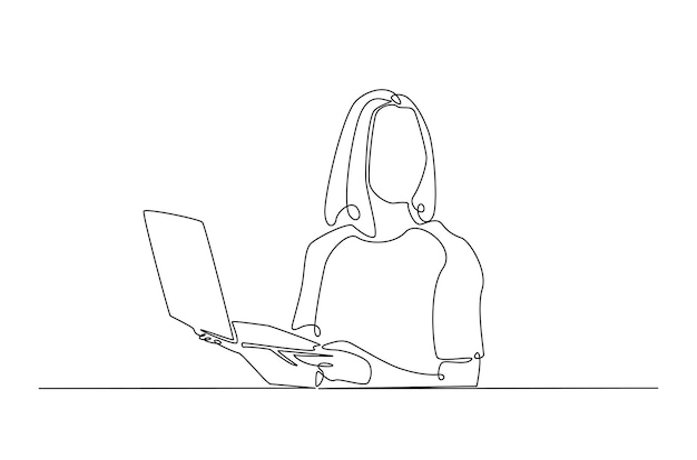 young woman holding laptop in continuous one line design