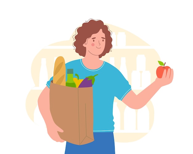 young woman holds bag of natural products woman in store is stocking up on food