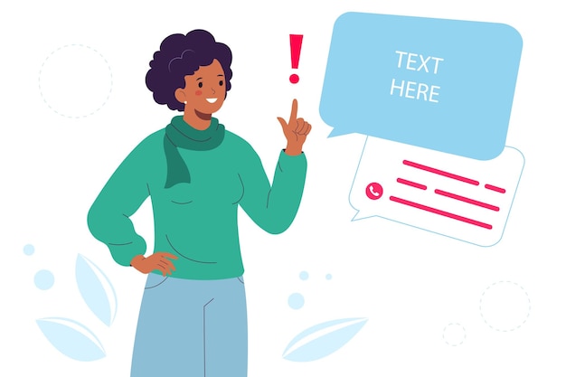 young woman sharing promotional information index finger up empty speech bubble for the text