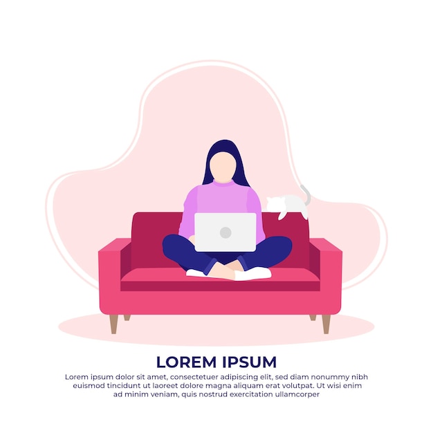 young woman sitting on sofa using laptop working from home