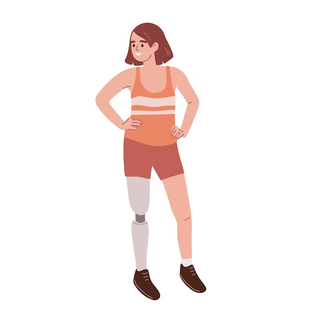 Young woman with leg prosthesis standing Disabled person without leg Limb amputation Flat vector