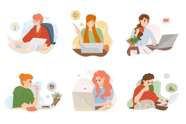 young woman working at laptop in office or at home set. female freelancer or business worker browsing internet, chatting, blogging, creating idea and marketing plan at workplace  