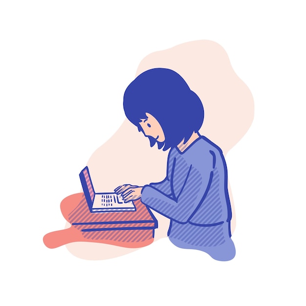Young woman working on a laptop Vector illustration in a flat style