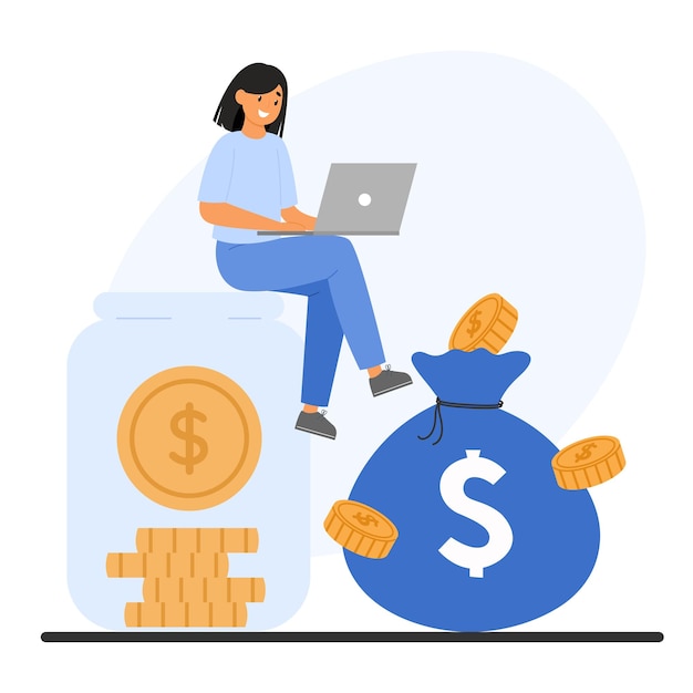 Young woman working on a laptop while sitting on a savings jar with a large money bag nearby