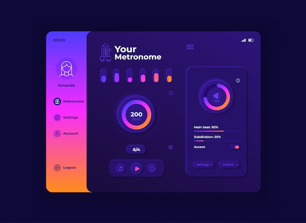 your metronome tablet interface  template. mobile app page night mode design layout