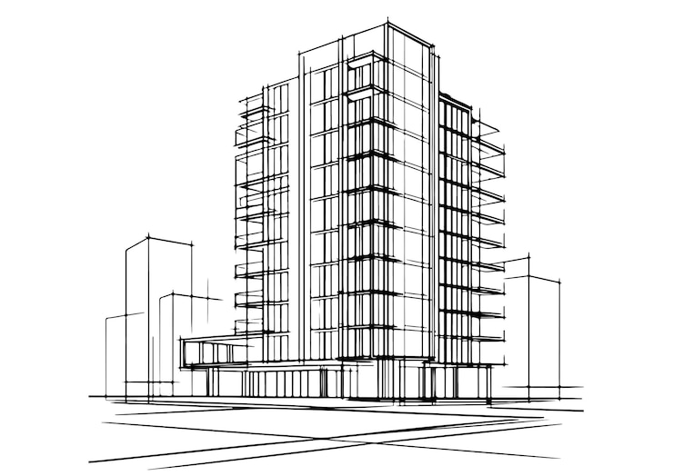 Vektör yüksek katlı modern binalar tek çizgi sanatı