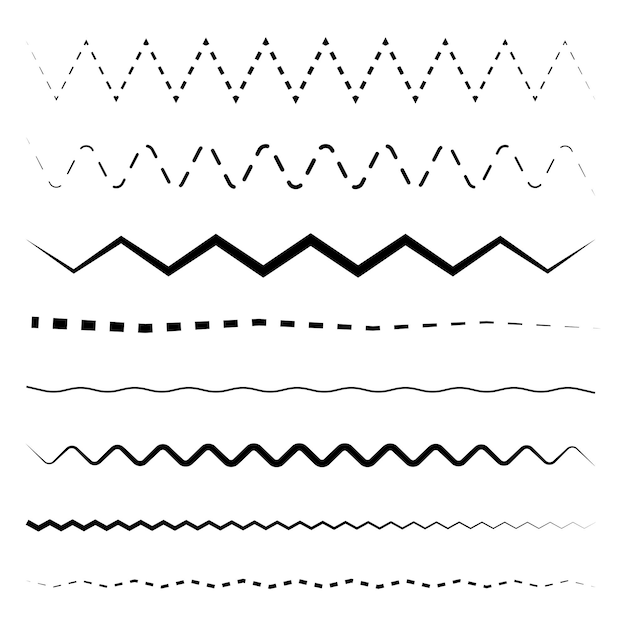 Zigzag lines set Dashed and solid patterns Various black strokes Seamless horizontal