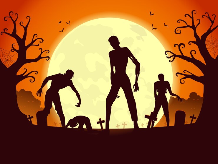 Zombie crowd resurrection and walking out from the grave in full moon night. Silhouettes illustration for Halloween theme.