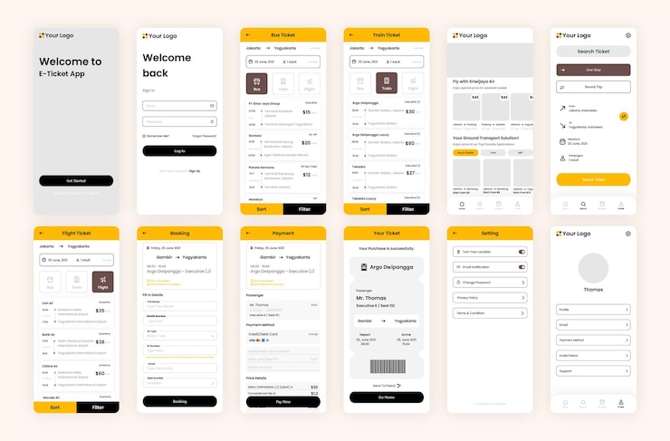 Vektor 15 screen e-ticket ui app interface