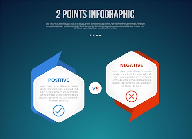 2 or two point template comparison versus things in infographic with hexagon side to side with creative header and footer sharp with modern dark style for slide presentation