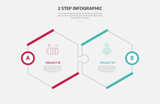 2 points template infographic outline style with 2 point stage or step comparison template with hexagonal shape puzzle jigsaw connection for slide presentation