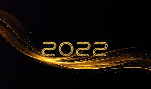 2022 golden waves vector background. Swirl of golden waves with golden sparkles on black background.