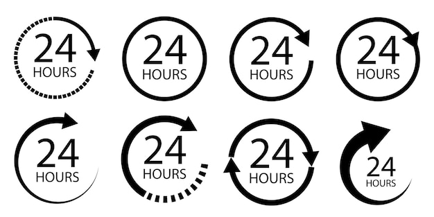 24 hours icons.  twenty four hour icons with arrow loop icon. simpe style sign.