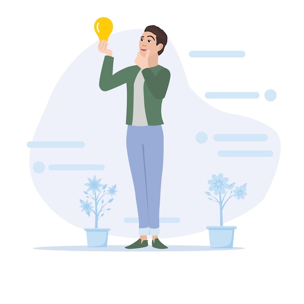 2D Vector cartoon Smart Businessman Holding lightbulb Help or Creative Thinking Idea Concept