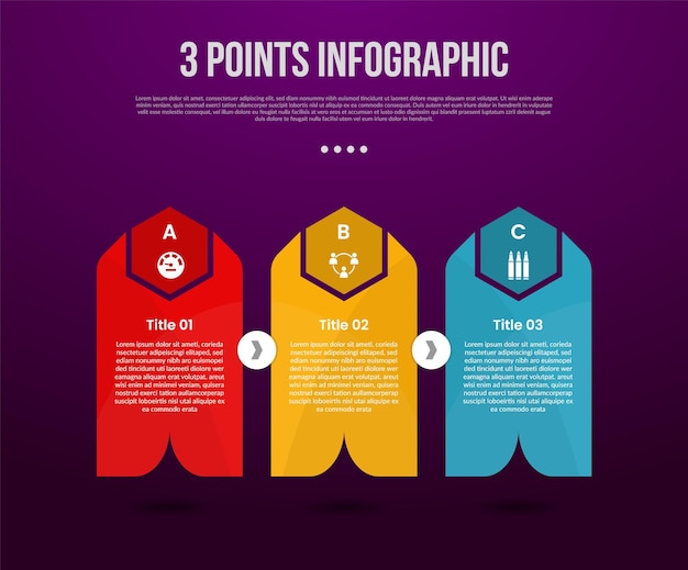 3 points or step process infographic with creative vertical box container with sharp header on horizontal direction with arrow with modern dark style for slide presentation