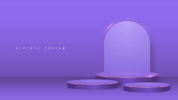3 purple cilinder podiums with lighting and arch on purple vackground