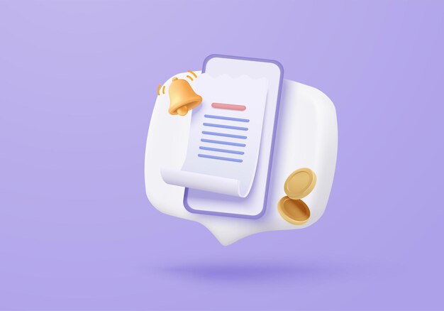 3D bill icon with clock alarm notice for promotion payment transaction Business invoice order expenses idea for accounting in store concept 3d receipt list icon vector render illustration
