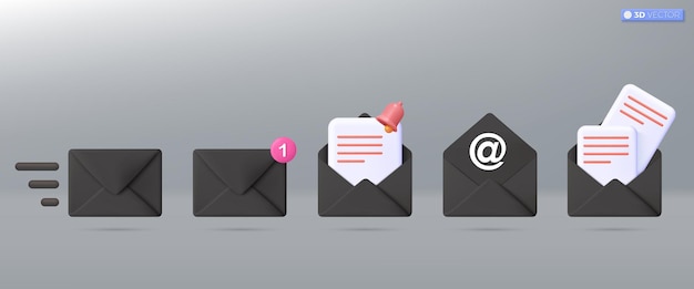 3d black mail envelope icon set symbol Render email notification with letters check mark paper plane icons communication concept 3D vector isolated illustration Cartoon pastel Minimal style