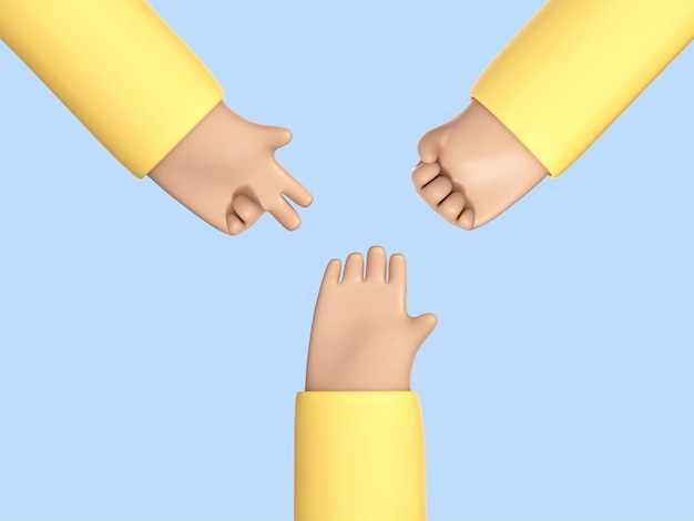 3D cartoon hands play rock paper scissors game Rock paper scissors hand game process Vector 3d illustration
