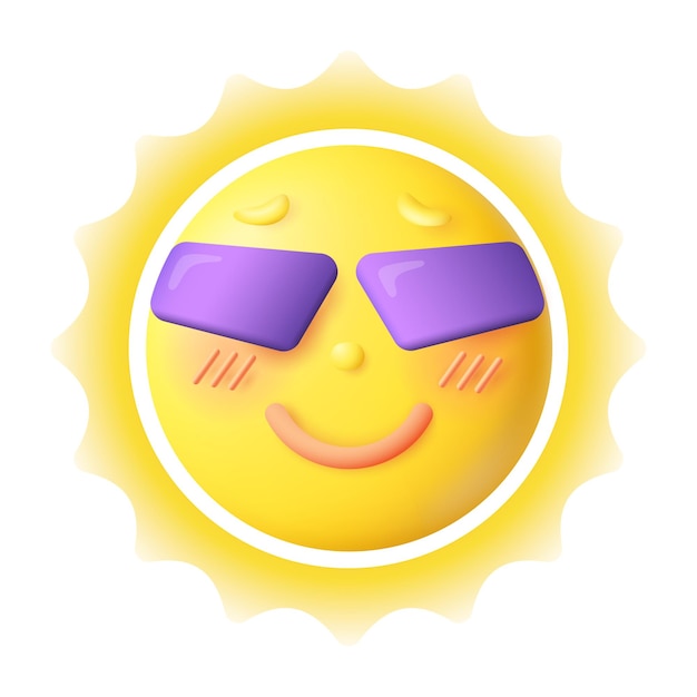 3d cartoon style happy yellow sun in sunglasses icon. Smiling hot summer sun on white background flat vector illustration. Weather, emotion, climate, energy concept