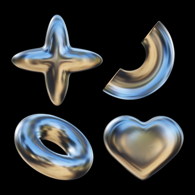 3D chrome geometric shapes Futuristic chrome liquid heart stars donuts with gradient reflection