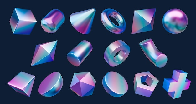 3d chrome holographic iridescent metal shapes