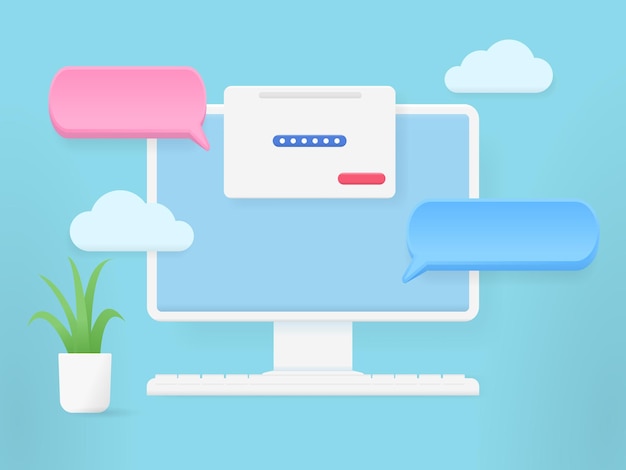 3d computer monitor with bubble chat, computer with open pages.