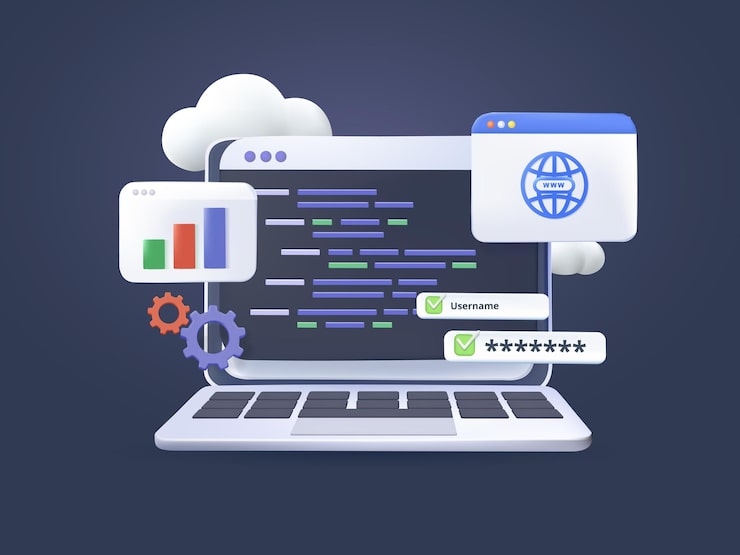 Vektor 3d computer programming or developing css html php software game vector render illustration coding