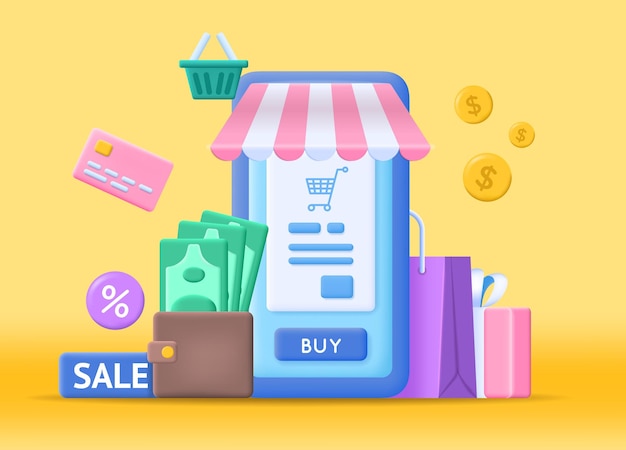 3d Concept Online Shopping Plasticine Cartoon Style Vector