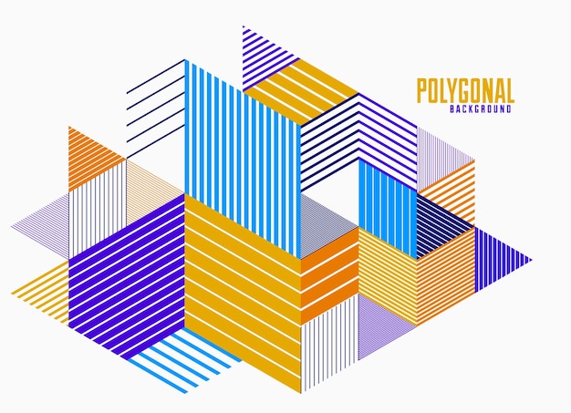 3D cubes and triangles lined stripy abstract vector background with retro style element isolated and easy to use or edit. Template for poster or banner, cover or ad.