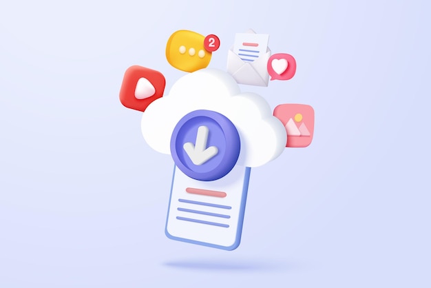 3d download data to cloud computing with mobile phone concept for digital file sharing and data transfer system download multimedia to smartphone 3d cloud storage icon vector render illustration