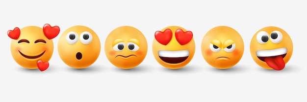 3d emoticon expression emoji yellow round funny smiles romantic and surprise balls with eyes and mouth joy heart render happy smiling faces good mood vector illustration isolated objects
