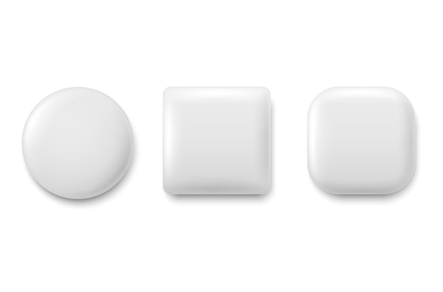 3d empty plastic buttons on white background white square round shapes with shadow top view