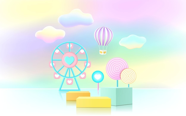 3D-gjengivelses podium, pastellfargebakgrunn, skyer og vær med tom plass for barne- eller babyprodukt.