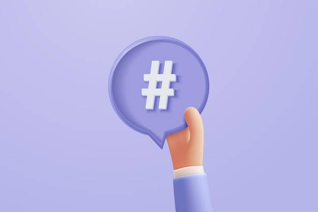 3D hashtag search link symbol on social media notification icon isolated on purple background Comments thread mention or user reply sign with social media 3d hashtag on vector render illustration