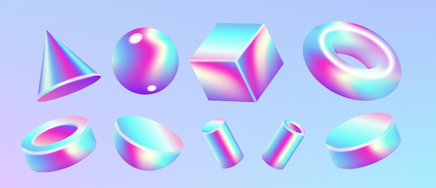 3d holographic geometric primitive shape set realistic 3d sphere torus cube tube glossy holographic
