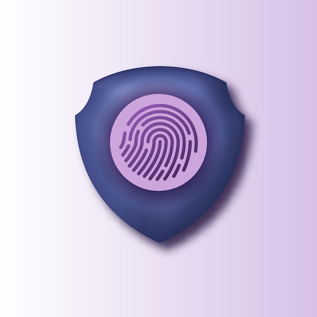 3d icon of shield data protection id privacy sign system with fingerprint biometric pattern. data security firewall