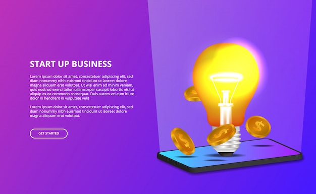 3d lamp light idea creative for start up business  and smartphone 3d illustration