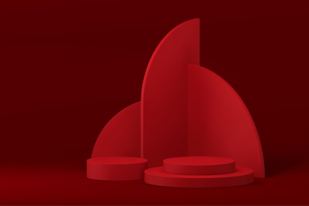 3d minimalist red podium pedestal with geometric wall background for product show realistic vector illustration Modern circle showcase for fashion cosmetic accessories presentation promo stand