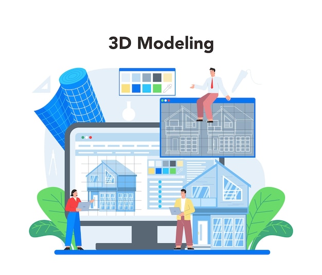 3D modeling concept Digital drawing with electronic tools and equipment 3D modeling and engineering Modern prototyping and construction Isolated vector illustration