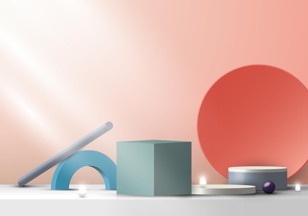 3d modern group geometric forms composition on stage for product display minimal scene background. vector illustration