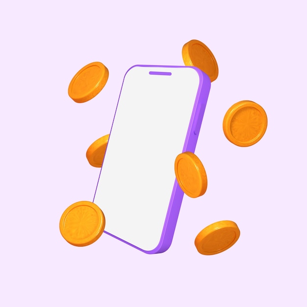 3d phone surrounded by flying gold coins representing online shopping and financial transactions