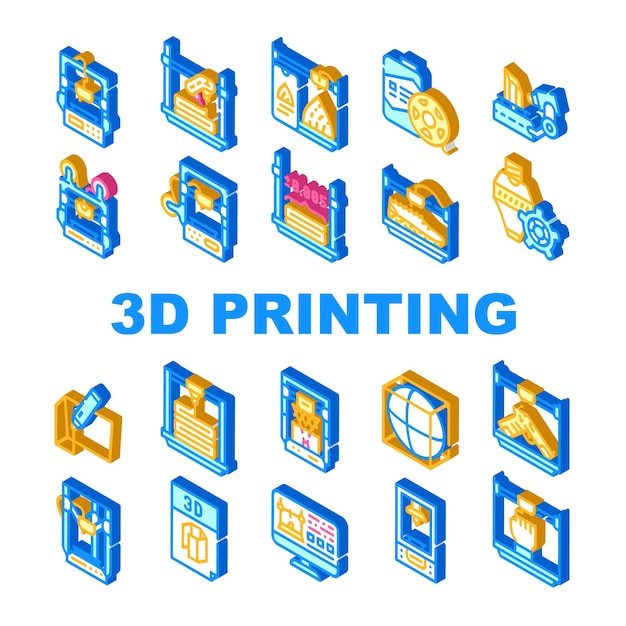 3d Printing Equipment Collection Icons Set Vector 3d Printing Device And Scanner Mobile Control And Monitor Settings Details And Powder Isometric Sign Color Illustrations