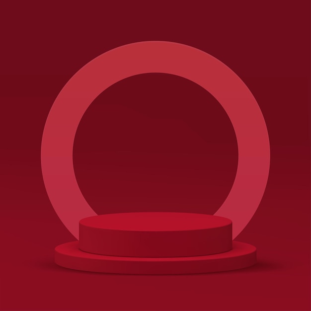 3d red cylinder podium pedestal with circle frame wall background realistic vector illustration