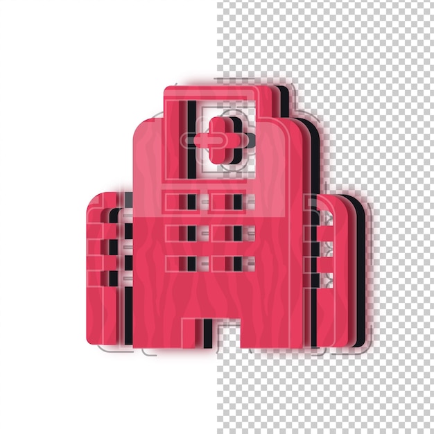 3D Red Glass Effect Hospital Icon with Editable Background