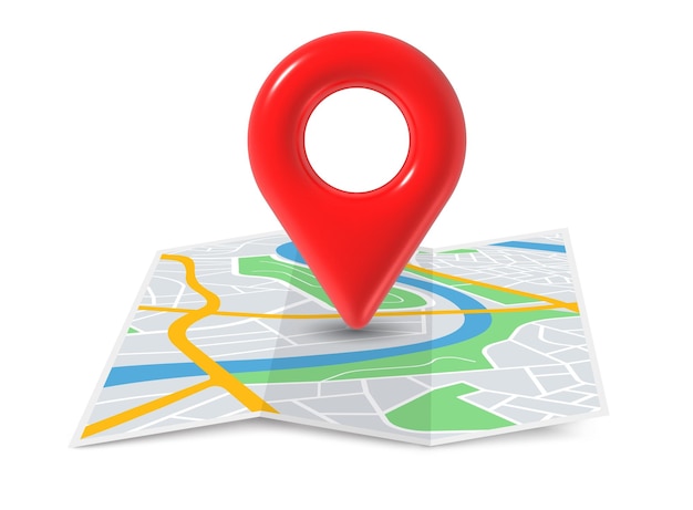 3d red pin with city map red plastic push pin on folded paper map point marker place position pointer vector gps location icon vector concept in 3d render style