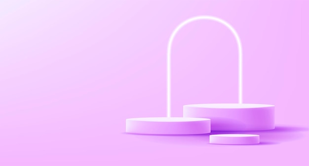 3d render composition of cylinder shaped podium and arch in violet pink colors three empty platforms