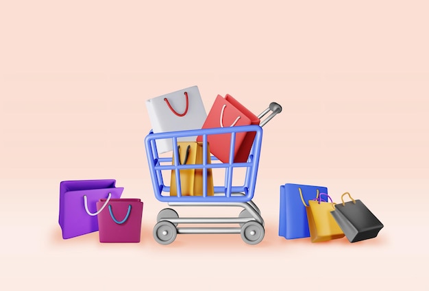 3D shopping or gift bag in shopping cart