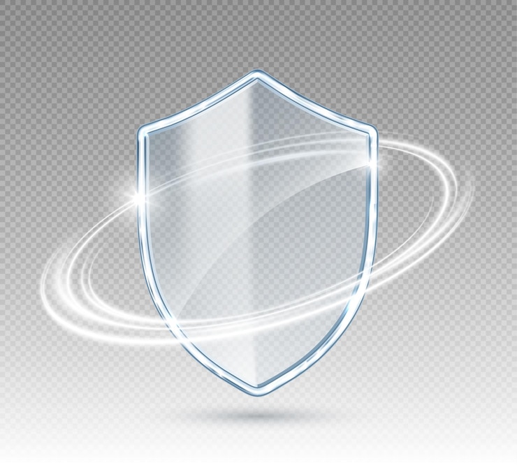 Vektor 3d transparent glass protection shield with white glowing effect safeguard sign security concept